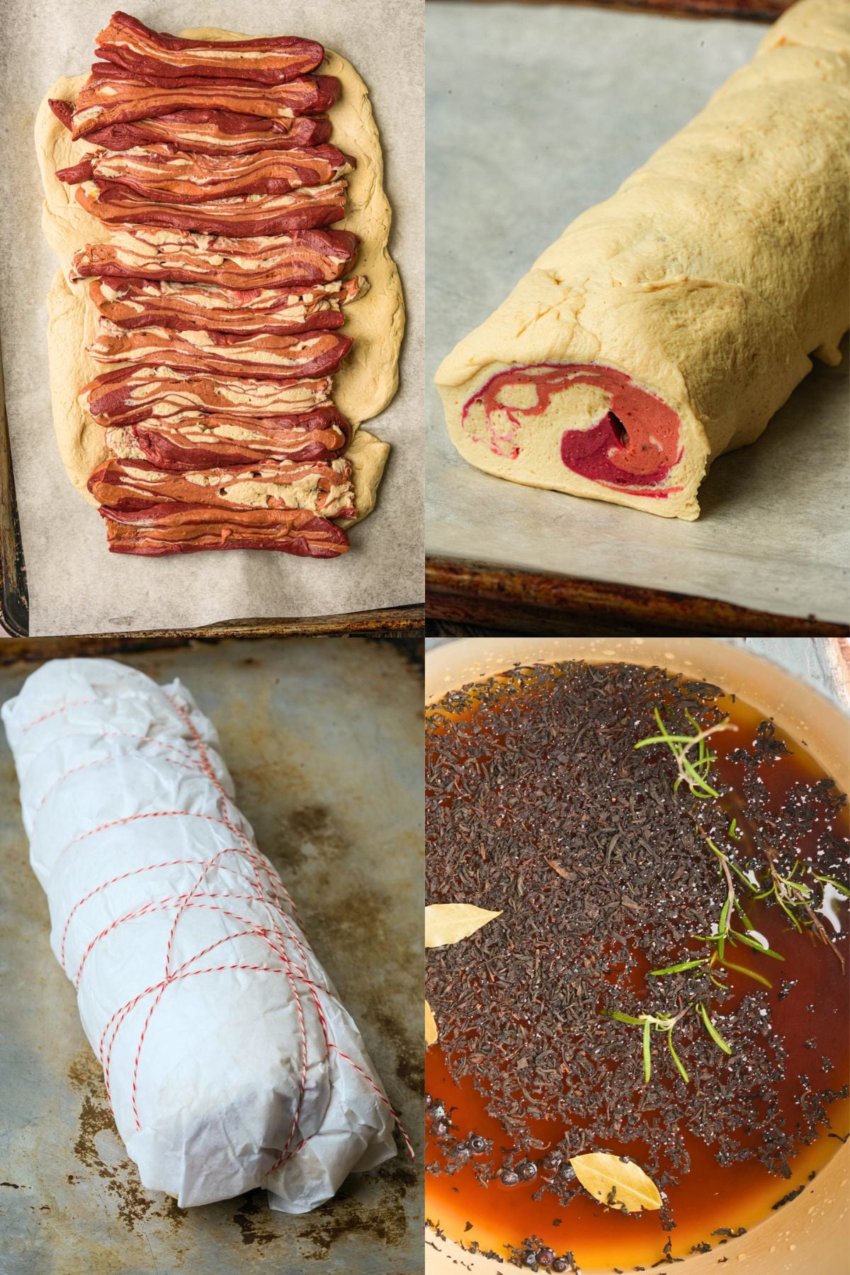 A collage showing four steps of vegan pancetta preparation: fat dough topped with strips of meat dough, a rolled dough log, the log wrapped in parchment paper and twine, and a dark liquid steeping with loose tea leaves and herbs.