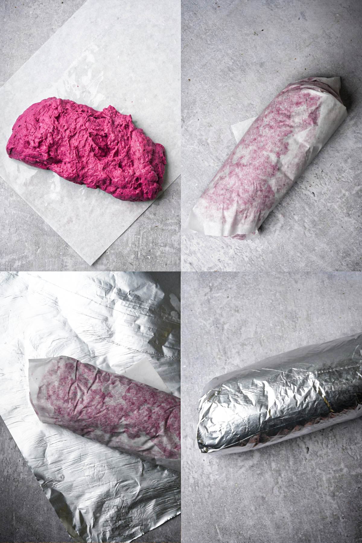 A four-step collage shows purple dough on parchment, dough wrapped in parchment, then in foil, and finally fully wrapped in foil, all on a gray surface.