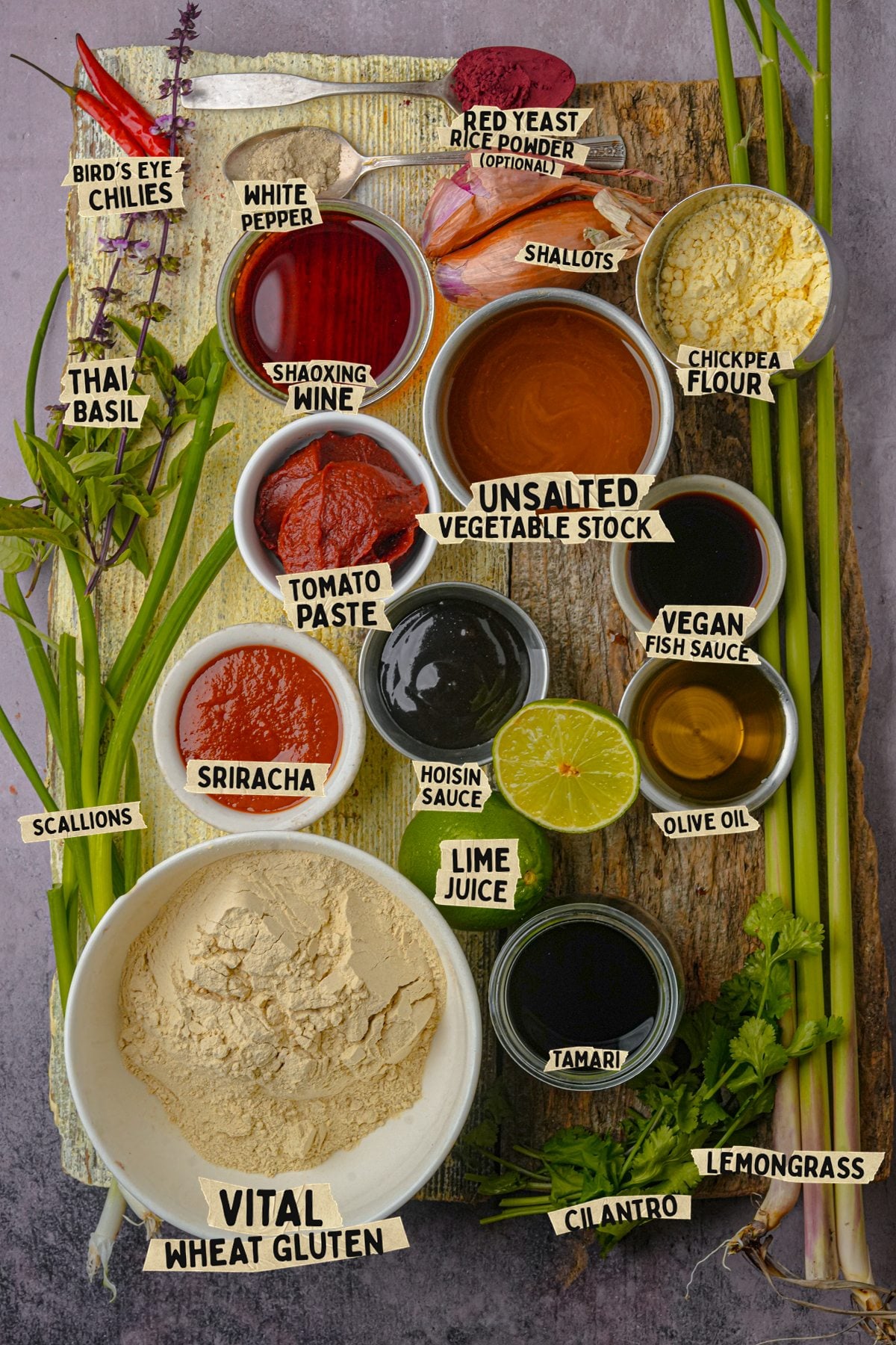 Labeled ingredients for vegan Thai seitan ribs: lemongrass, vegan fish sauce, lime juice, Thai basil, and more.